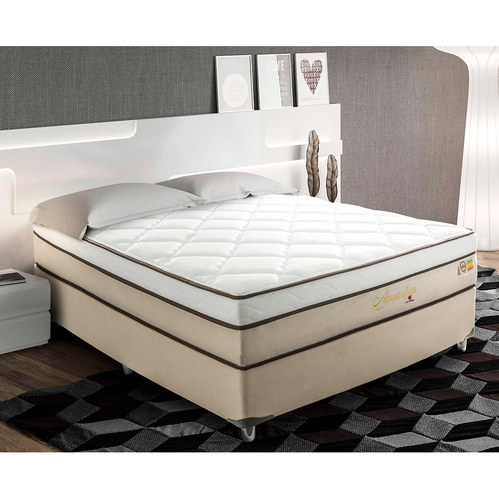 Cama Box Casal Aquarius com Colchão Casal Molas Ensacadas Bege e Branca