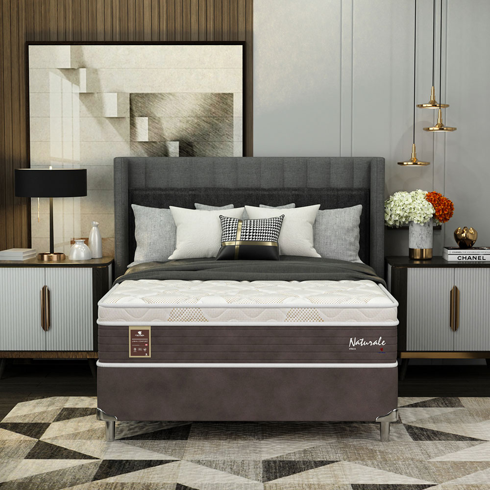 Cama Box Casal Naturale com Colchão Molas Ensacadas (67x138x188) Marrom e Branca