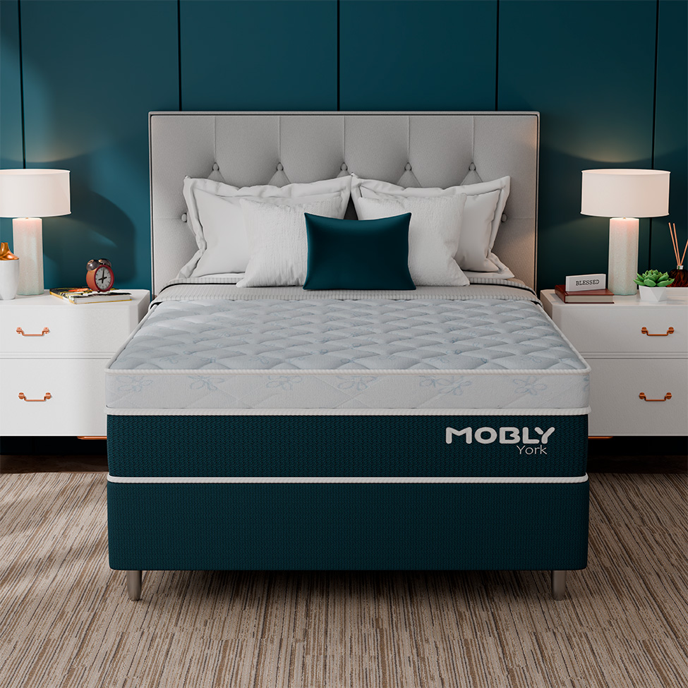 Cama Box Casal York com Colchão Molas Ensacadas (61x138x188) Azul e Branca