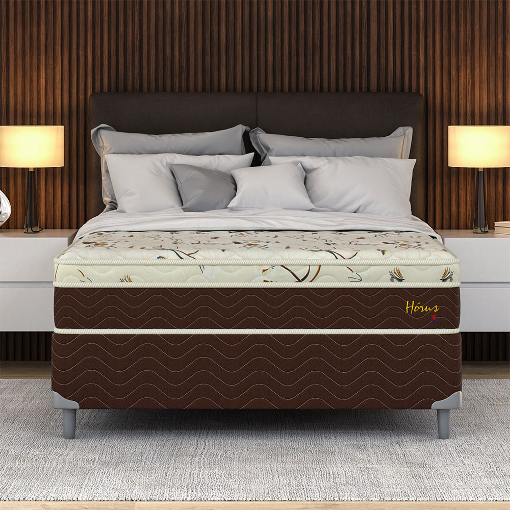 Cama Box Casal com Colchão Hórus (63x138x188) Bege e Marrom