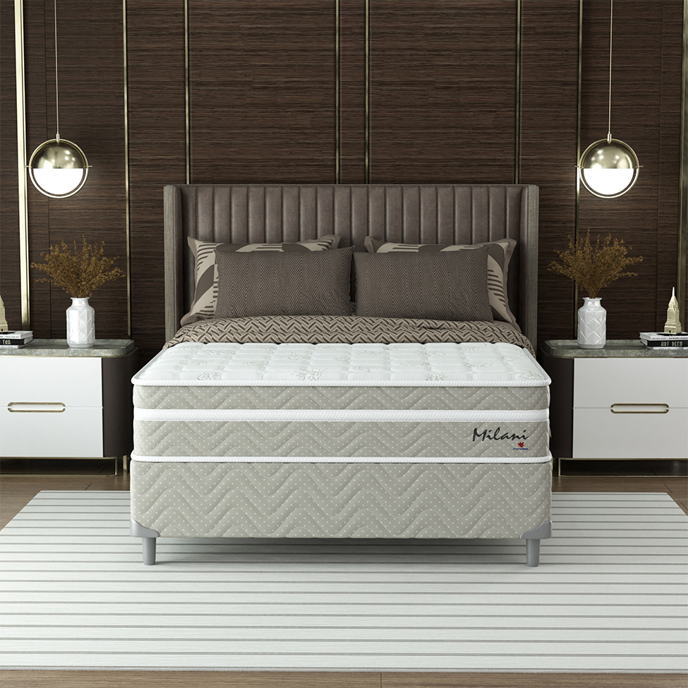 Cama Box Casal com Colchão Milani Mola Verticoil Bege