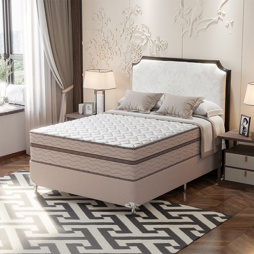 Cama Box Casal com Colchão Sonhare Mola Ensacada Bege
