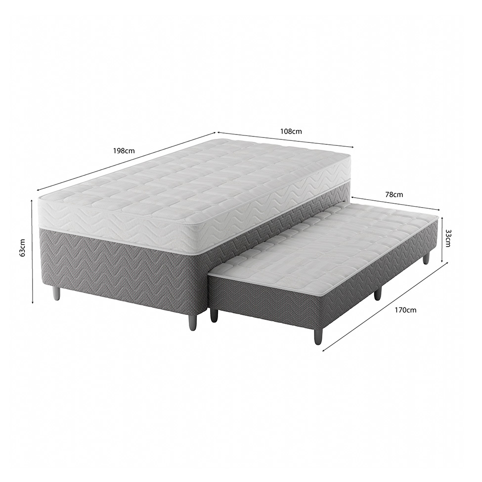 Cama Box Conjugada Solteirão com Cama Auxiliar Premier Unibox Molas Ensacadas (63x108x198) Cinza