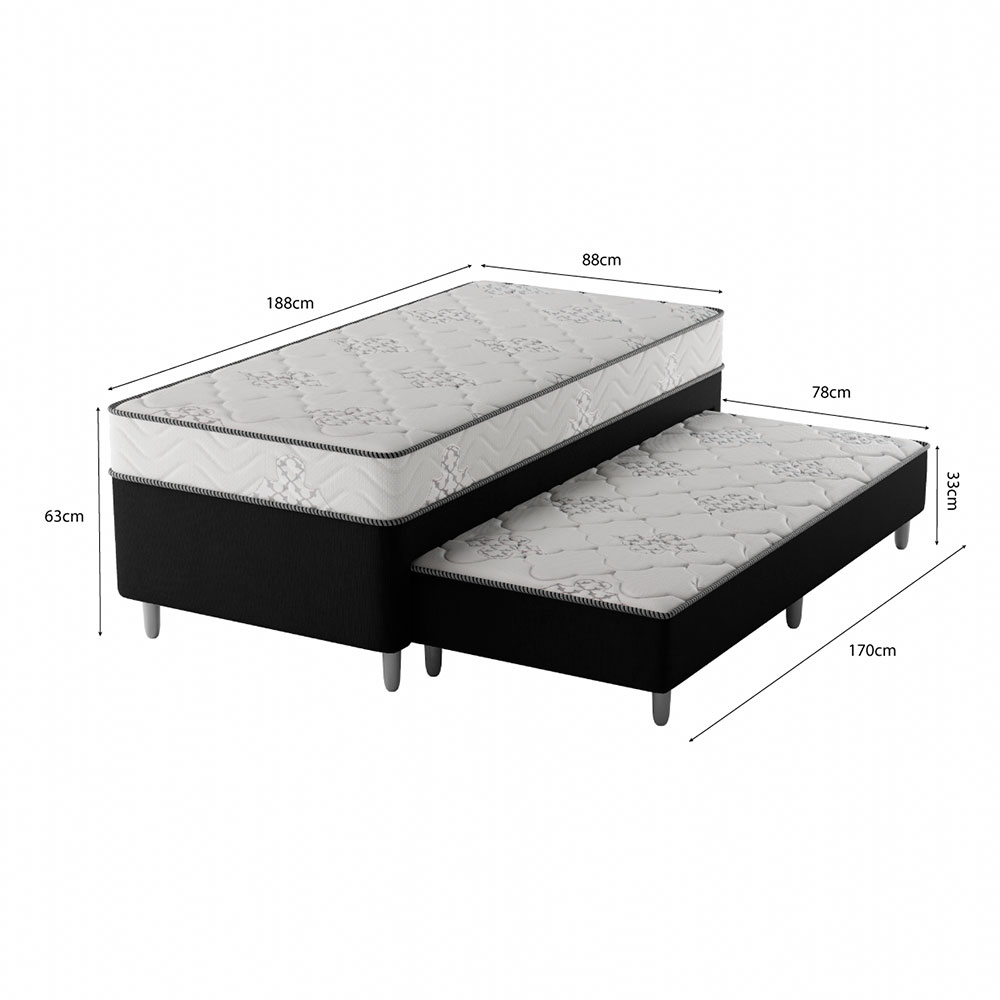 Cama Box Conjugada Solteiro Premier Unibox Molas Ensacadas (63x88x188) com Cama Auxiliar Preta 