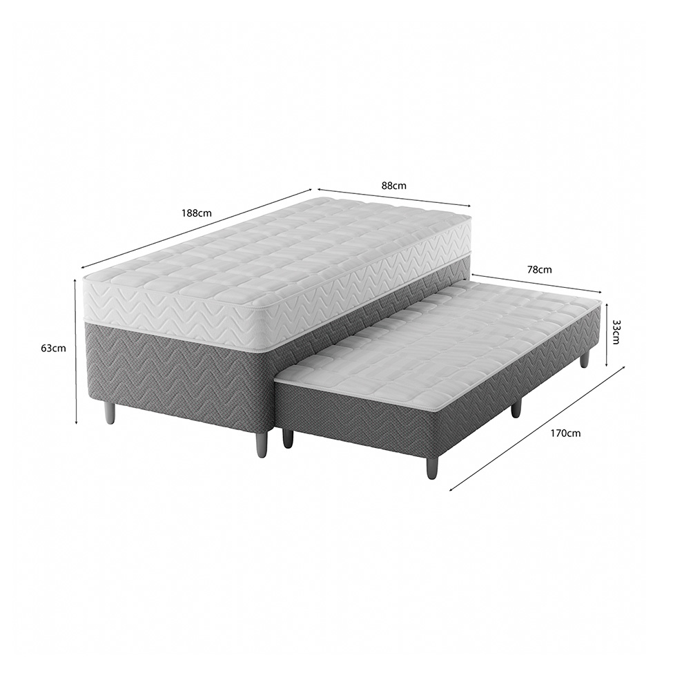 Cama Box Conjugada Solteiro com Cama Auxiliar Premier Unibox Molas Ensacadas (63x88x188) Cinza 