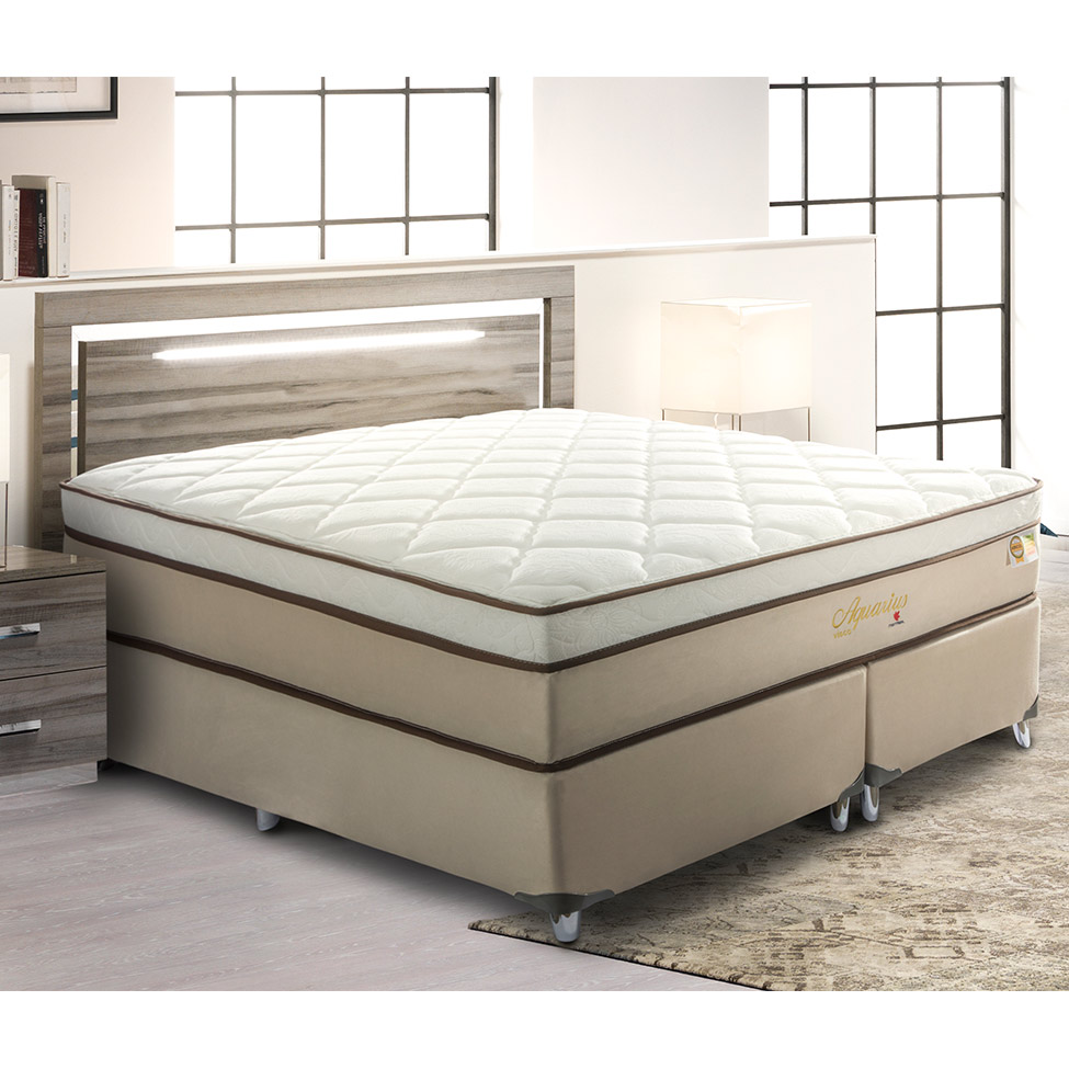 Cama Box King Aquarius com Colchão King Molas Ensacadas Bege e Branca