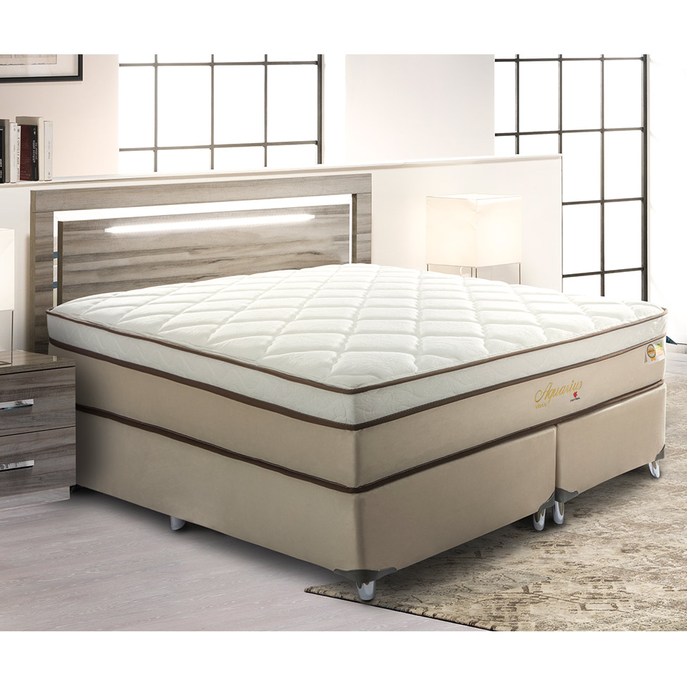 Cama Box Queen Aquarius com Colchão Queen Molas Ensacadas Bege e Branca