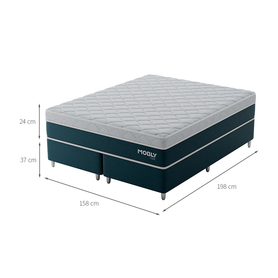 Cama Box Queen York com Colchão Molas Ensacadas (61x158x198) Azul e Branca