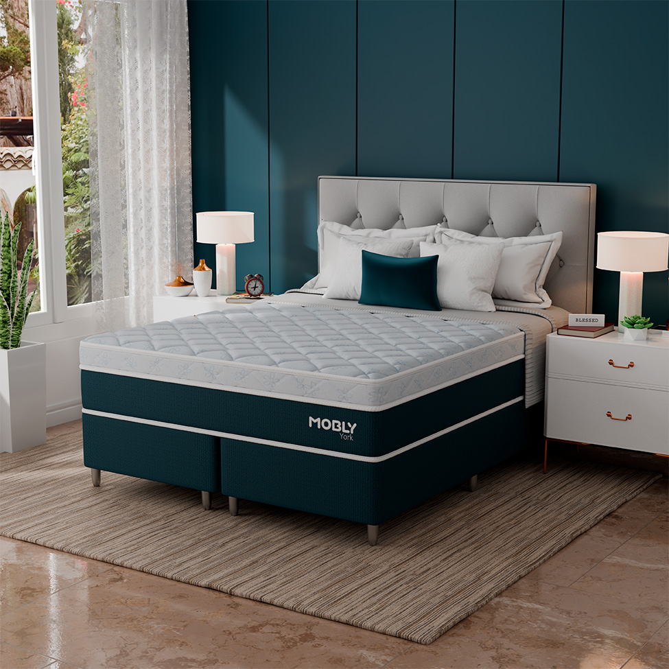 Cama Box Queen York com Colchão Molas Ensacadas (61x158x198) Azul e Branca