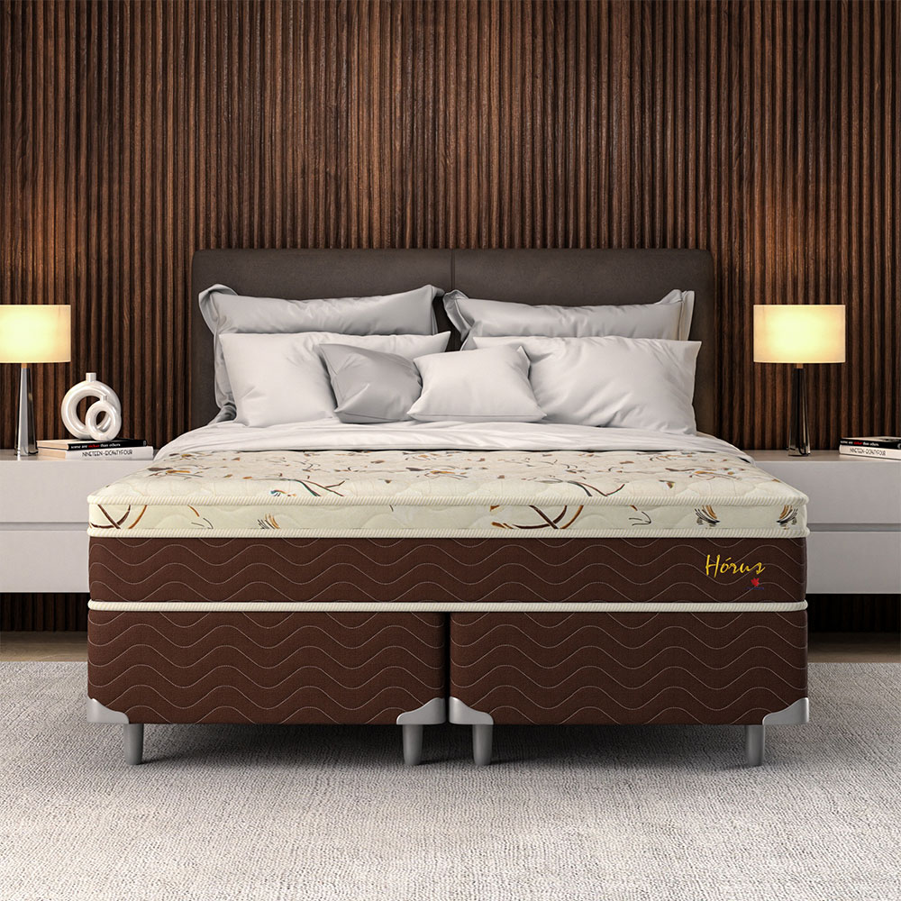 Cama Box Queen com Colchão Hórus (63x158x198) Bege e Marrom