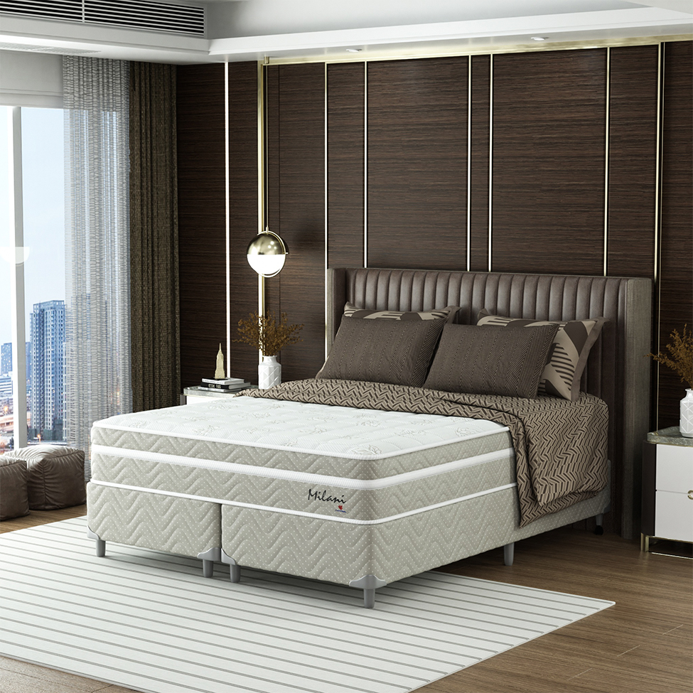 Cama Box Queen com Colchão Milani Mola Verticoil Bege