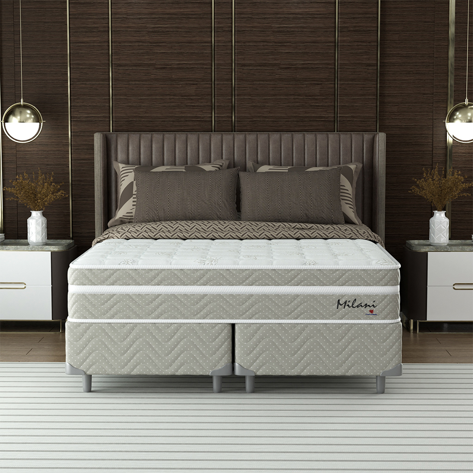 Cama Box Queen com Colchão Milani Mola Verticoil Bege