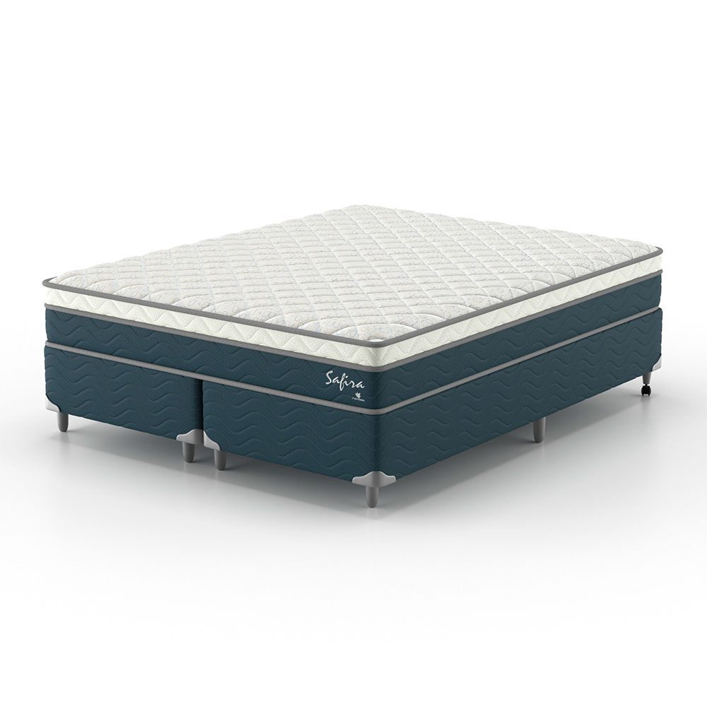 Cama Box Queen com Colchão Safira (63x158x198) Azul e Branco