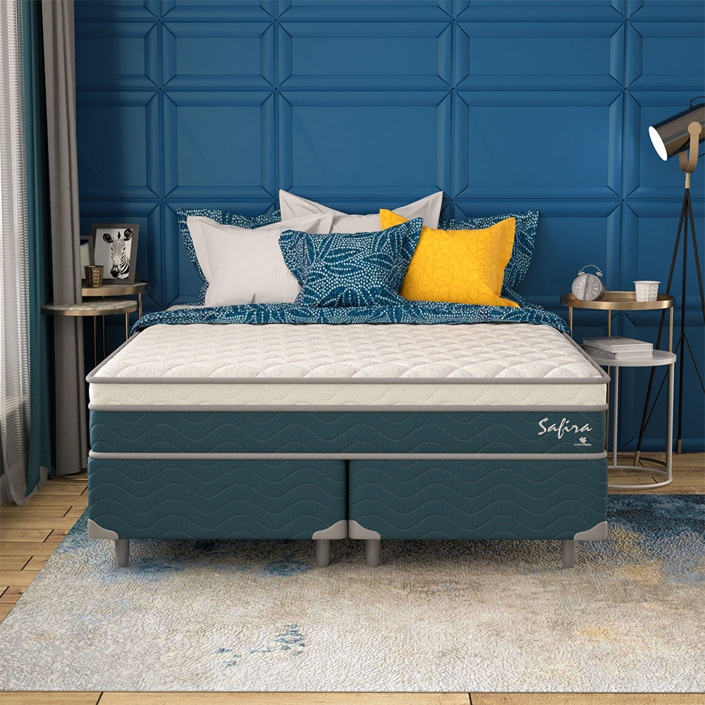 Cama Box Queen com Colchão Safira (63x158x198) Azul e Branco