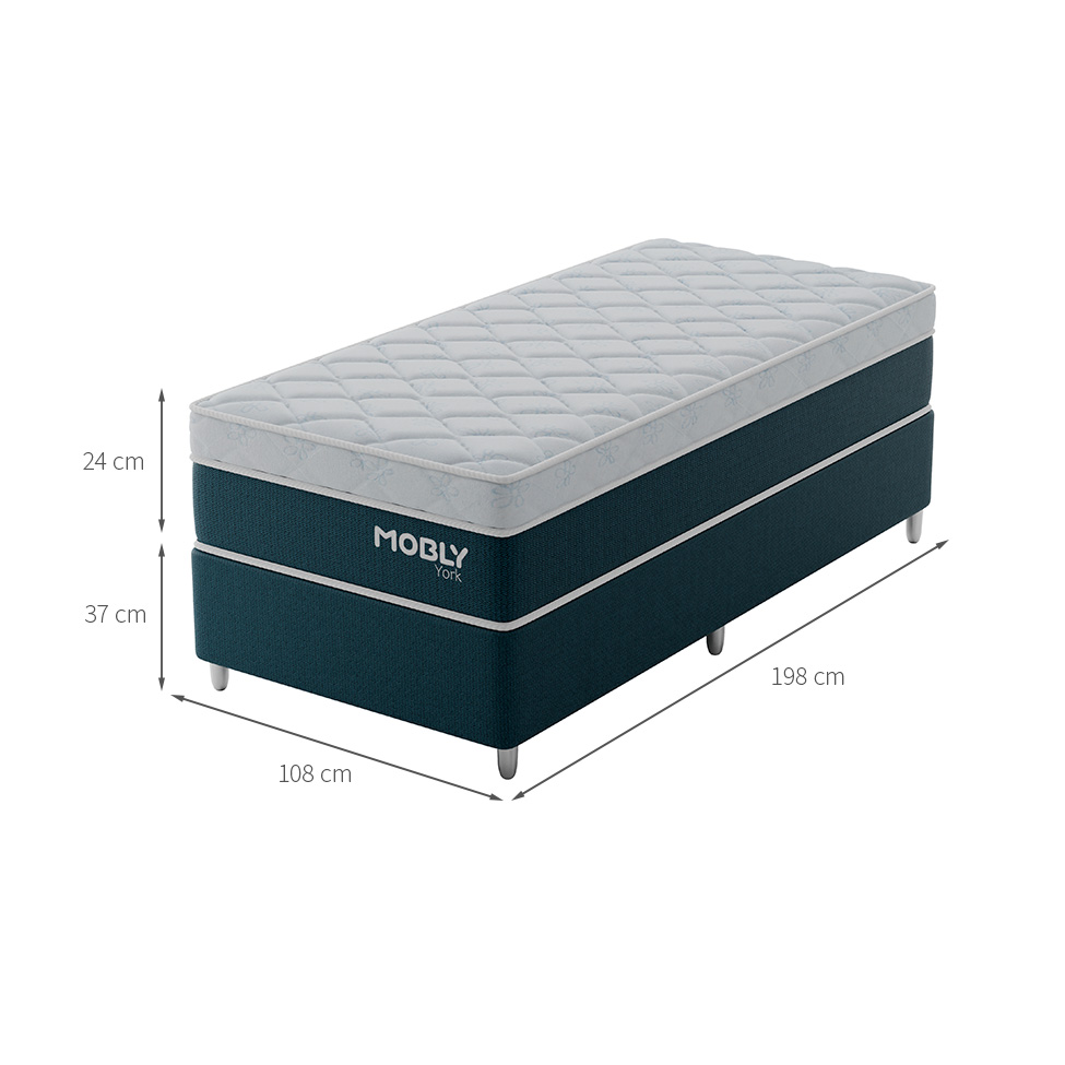 Cama Box Solteirão York com Colchão Molas Ensacadas (61x108x198) Azul e Branca