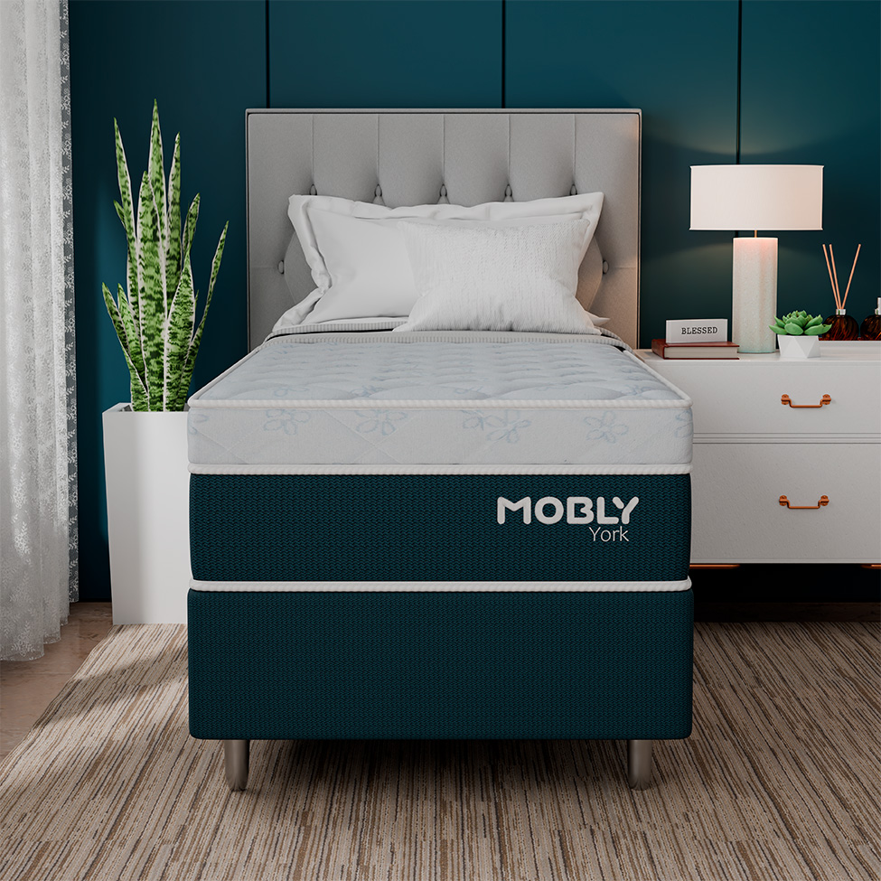 Cama Box Solteirão York com Colchão Molas Ensacadas (61x108x198) Azul e Branca