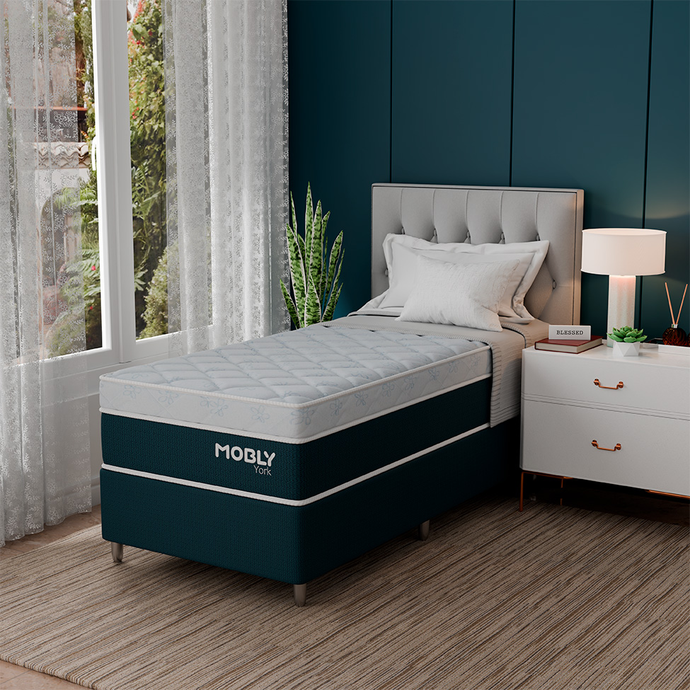 Cama Box Solteirão York com Colchão Molas Ensacadas (61x96x203) Azul e Branca