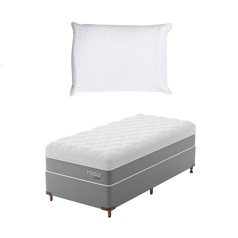 Cama Box Solteirão com Colchão Sublime Mola Ensacada e Espuma Viscoelástica (32x96x203) Cinza e Branco com Travesseiro Guldi Soft Nasa Branco