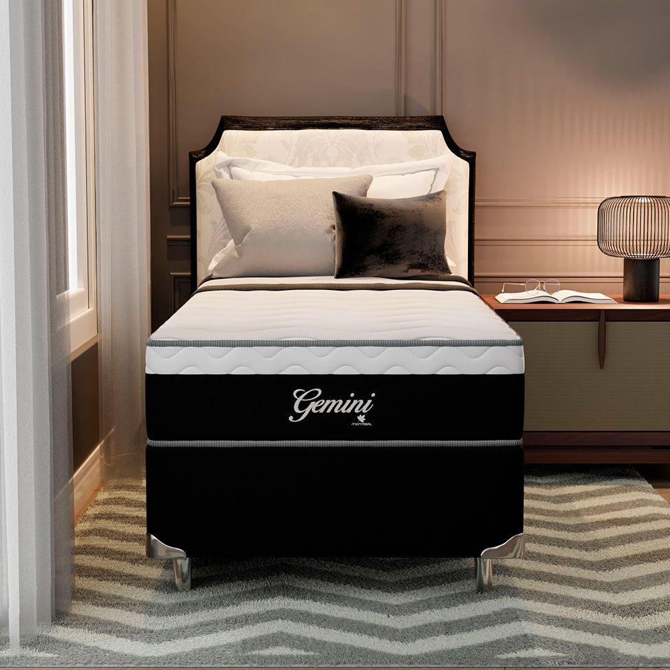 Cama Box Solteiro Gemini I com Colchão Solteiro Molas Ensacadas Grafite e Branca
