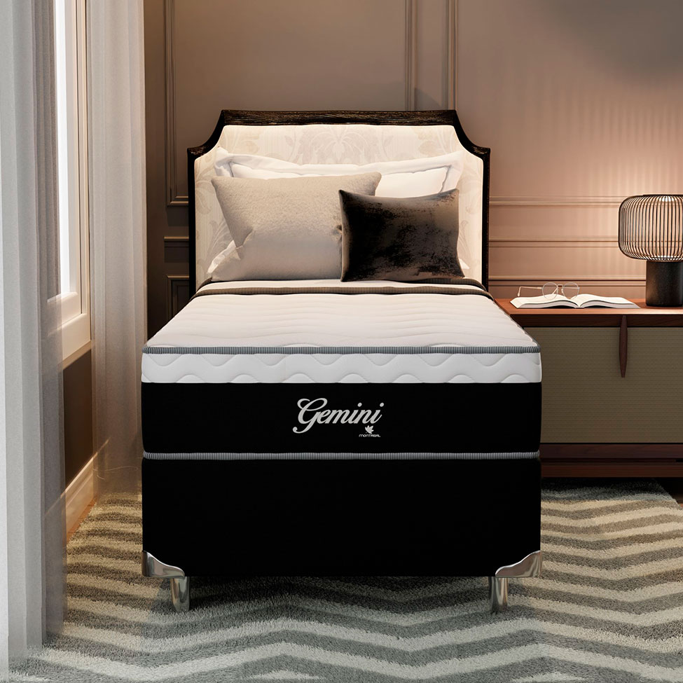 Cama Box Solteiro Gemini II com Colchão Solteiro Molas Ensacadas Grafite e Branca