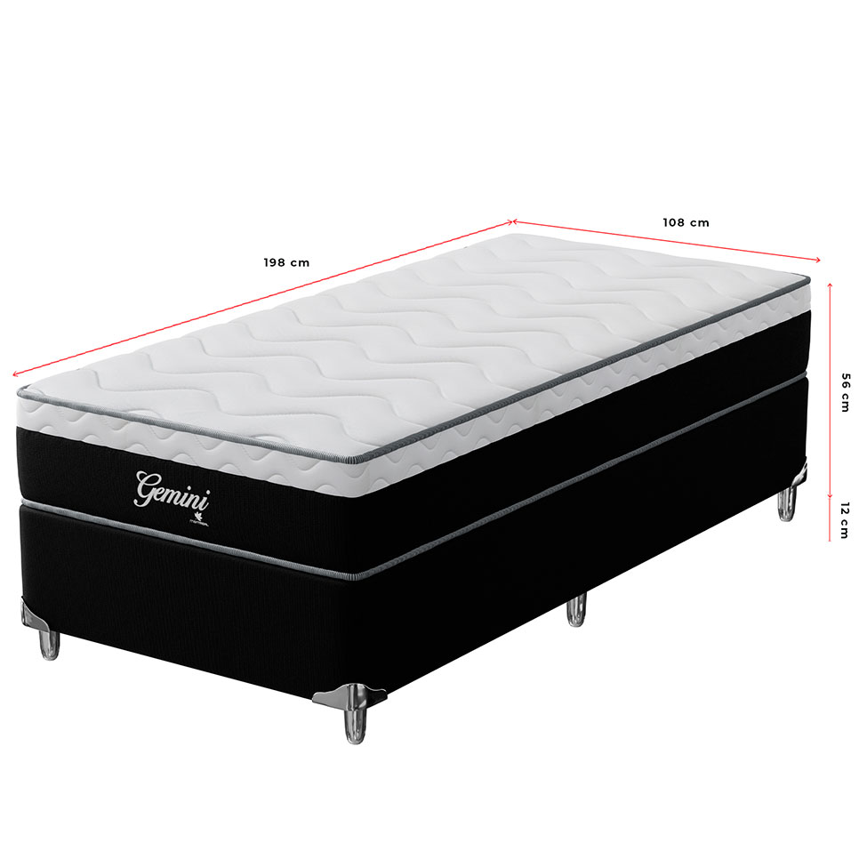 Cama Box Solteiro Gemini II com Colchão Solteiro Molas Ensacadas Grafite e Branca