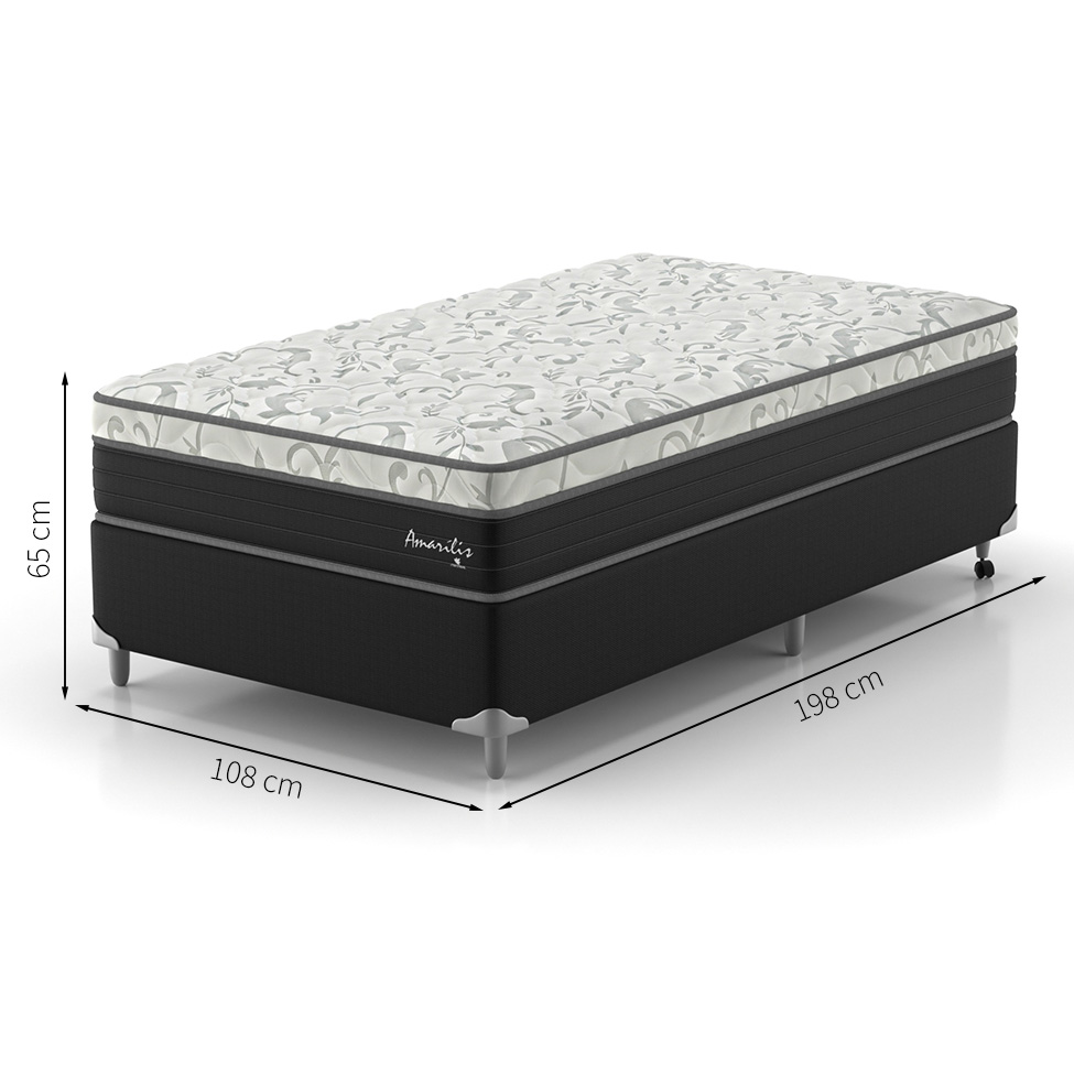 Cama Box Solteiro King Amarilis com Colchão D33 Preta e Branca