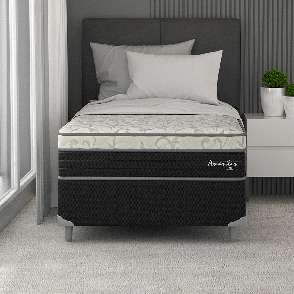 Cama Box Solteiro King Amarilis com Colchão D33 Preta e Branca