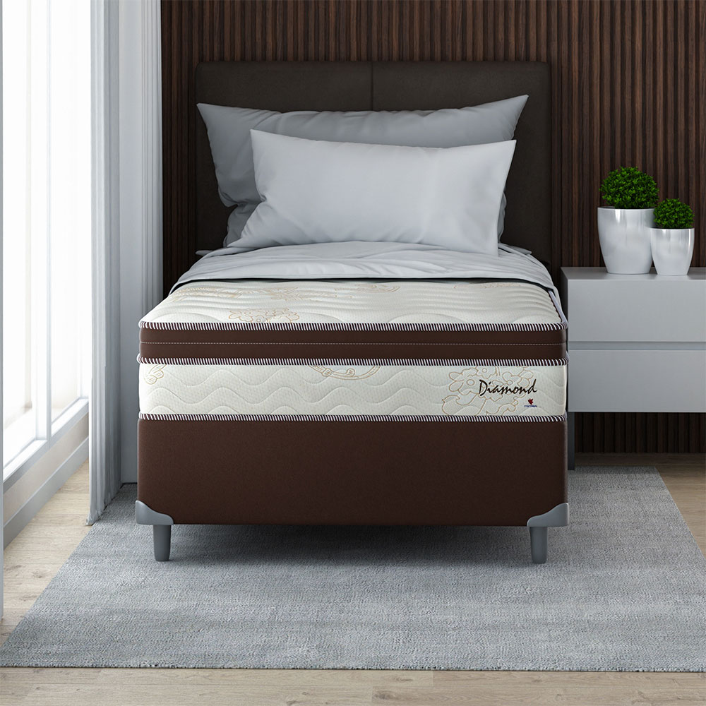 Cama Box Solteiro King com Colchão Diamond Euro MR (63x108x198) Bege e Marrom