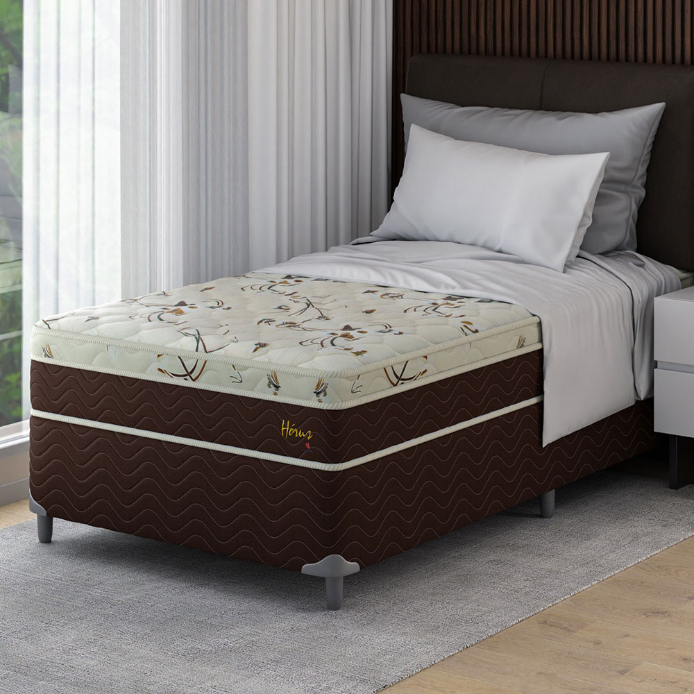 Cama Box Solteiro King com Colchão Hórus (63x108x198) Bege e Marrom