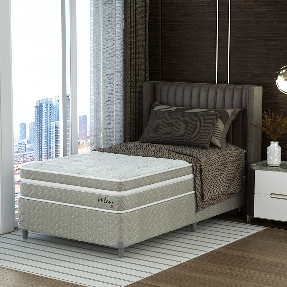 Cama Box Solteiro King com Colchão Milani Mola Verticoil Bege