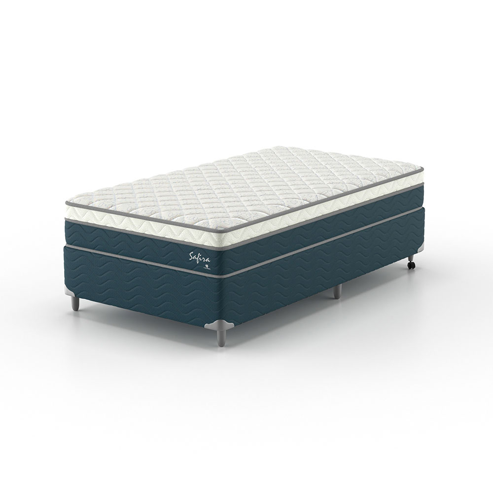 Cama Box Solteiro King com Colchão Safira (63x108x198) Azul e Branco