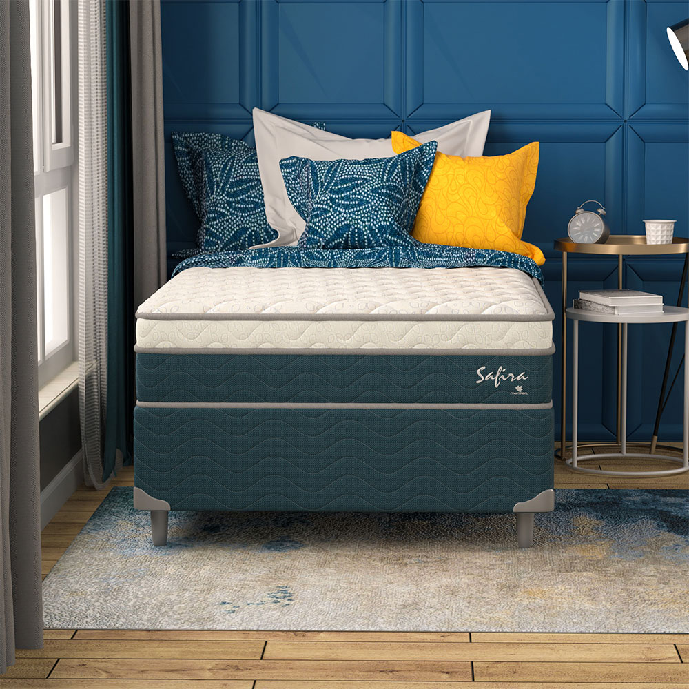 Cama Box Solteiro King com Colchão Safira (63x108x198) Azul e Branco