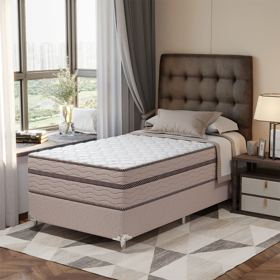 Cama Box Solteiro King com Colchão Sonhare Mola Ensacada Bege