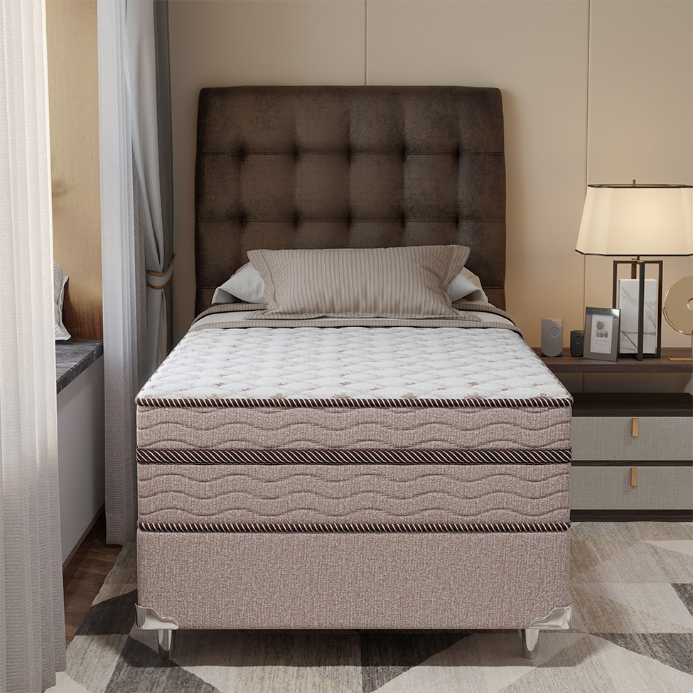 Cama Box Solteiro King com Colchão Sonhare Mola Ensacada Bege