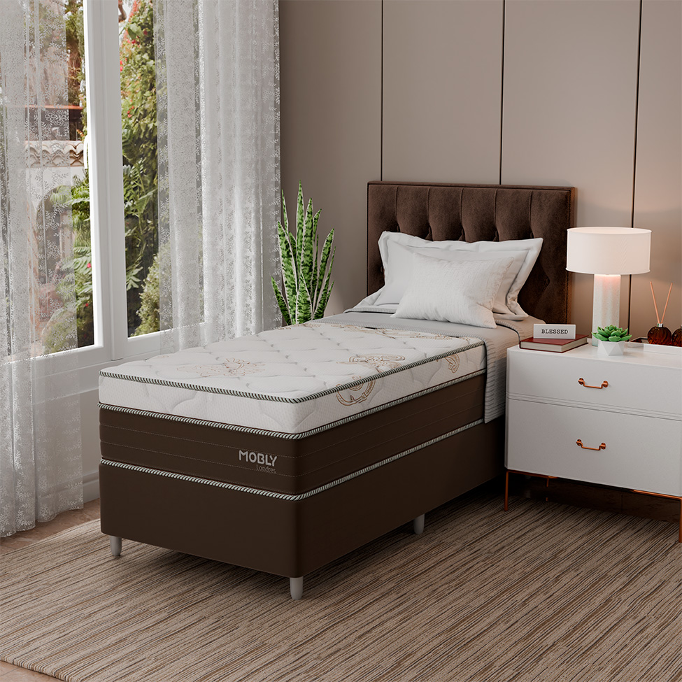 Cama Box Solteiro Londres com Colchão Molas Ensacadas (63x88x188) Marrom e Branca