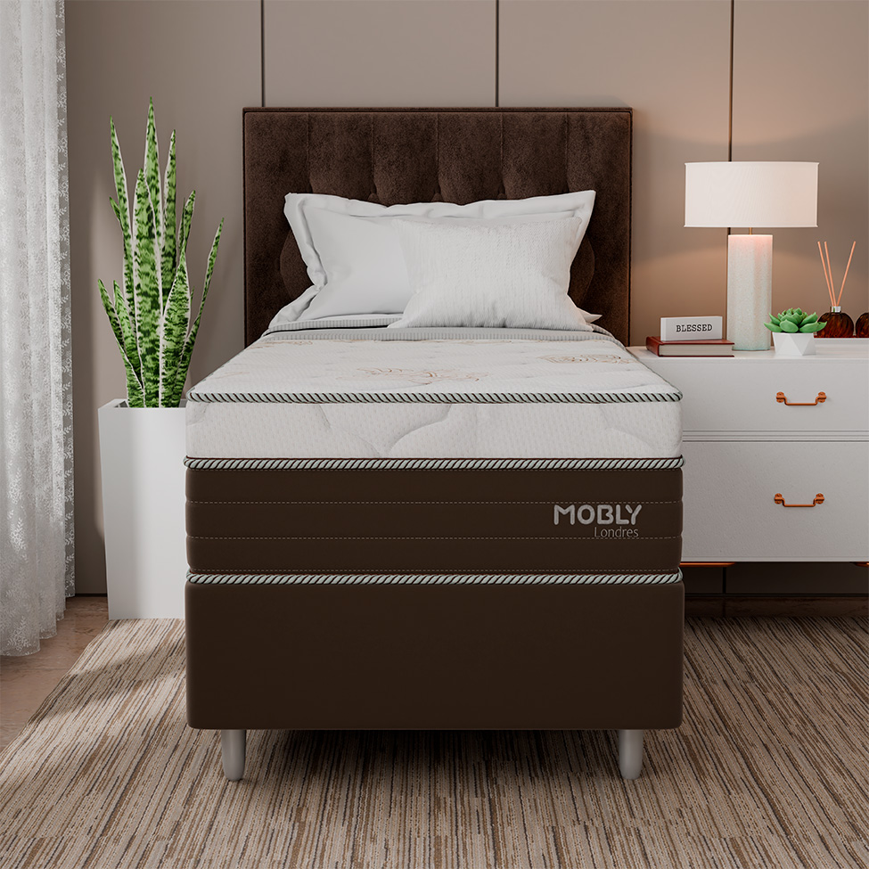 Cama Box Solteiro Londres com Colchão Molas Ensacadas (63x88x188) Marrom e Branca