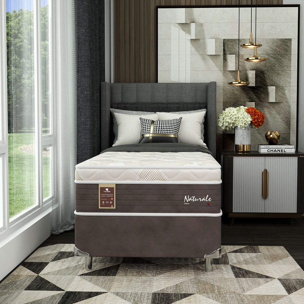 Cama Box Solteiro Naturale com Colchão Molas Ensacadas (67x88x188) Marrom e Branca