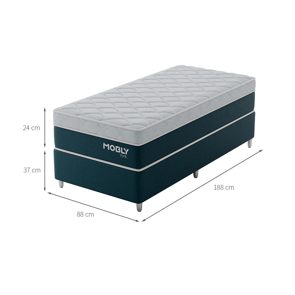 Cama Box Solteiro York com Colchão Molas Ensacadas (61x88x188) Azul e Branca
