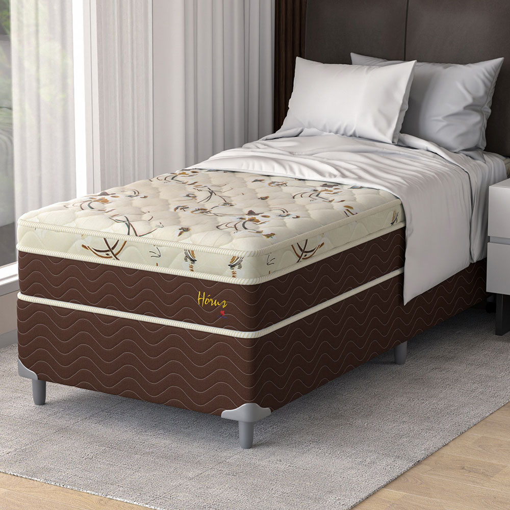 Cama Box Solteiro com Colchão Hórus (63x88x188) Bege e Marrom