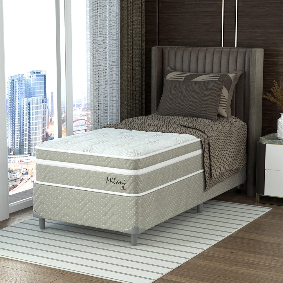 Cama Box Solteiro com Colchão Milani Mola Verticoil Bege