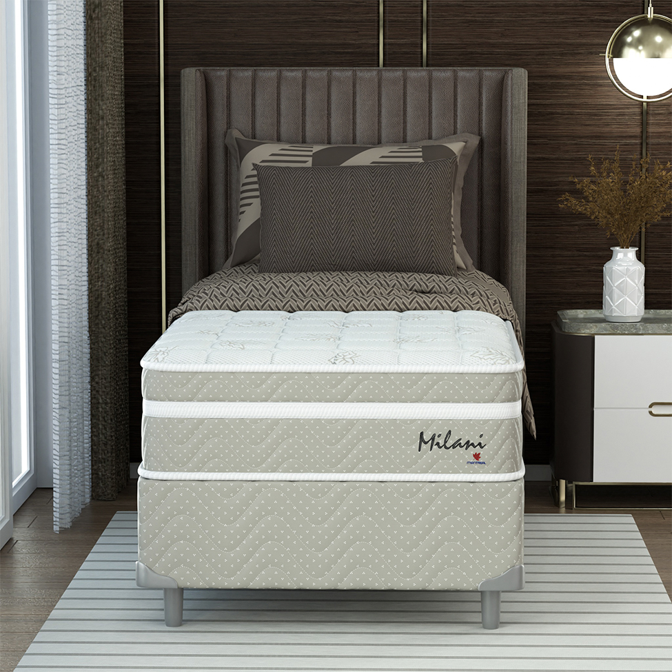 Cama Box Solteiro com Colchão Milani Mola Verticoil Bege