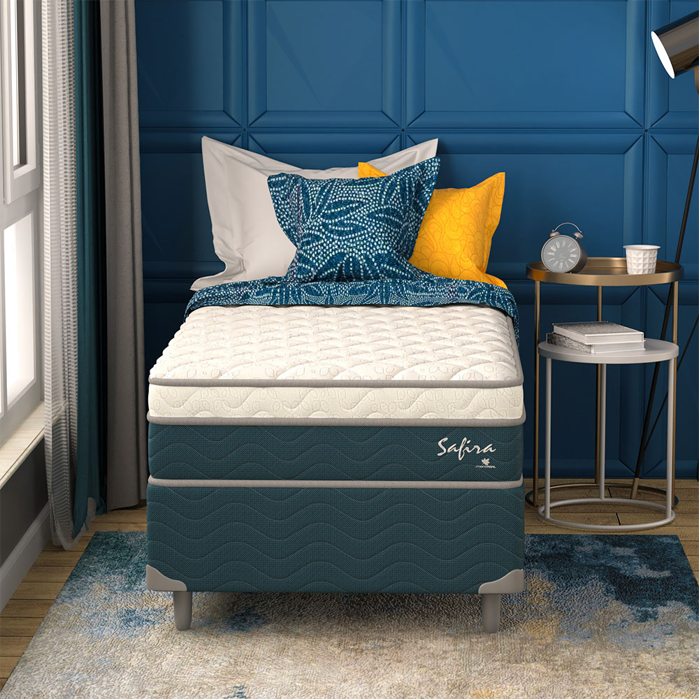 Cama Box Solteiro com Colchão Safira (63x88x188) Azul e Branco