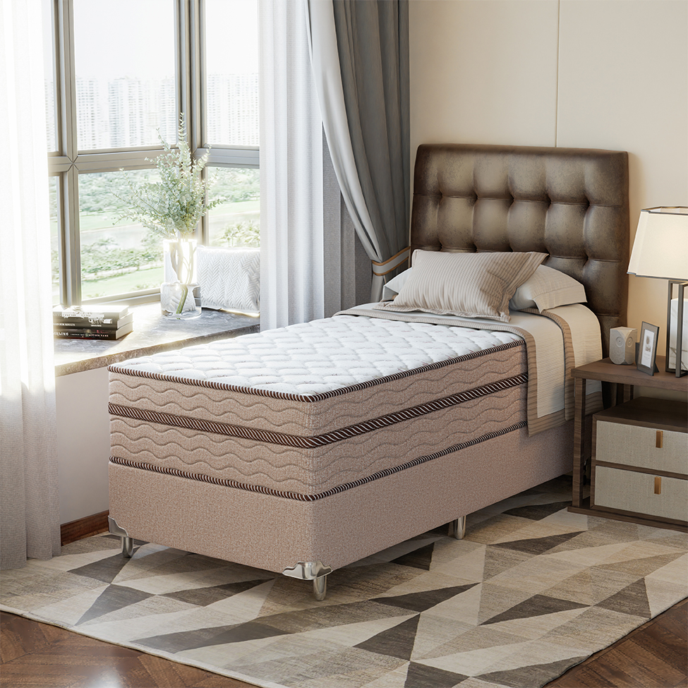 Cama Box Solteiro com Colchão Sonhare Mola Ensacada Bege