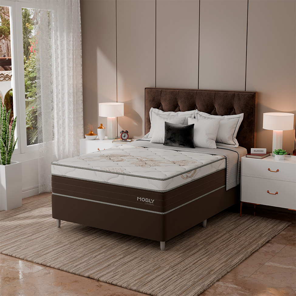 Cama Box Viúva Londres com Colchão Molas Ensacadas (63x128x188) Marrom e Branca