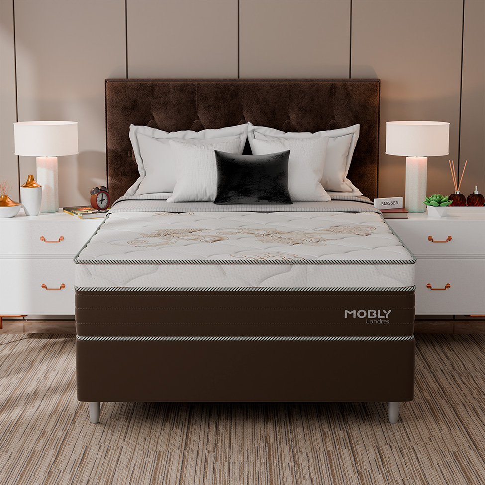 Cama Box Viúva Londres com Colchão Molas Ensacadas (63x128x188) Marrom e Branca