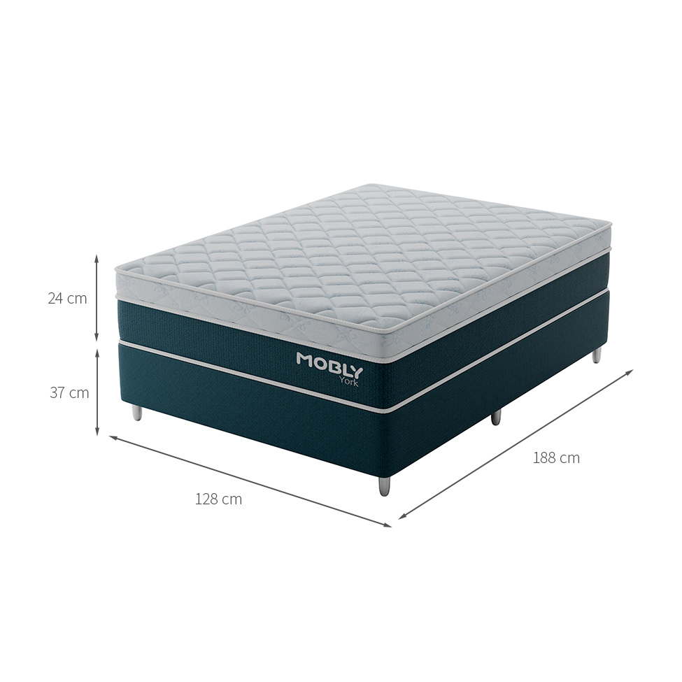 Cama Box Viúva York com Colchão Molas Ensacadas (61x128x188) Azul e Branca