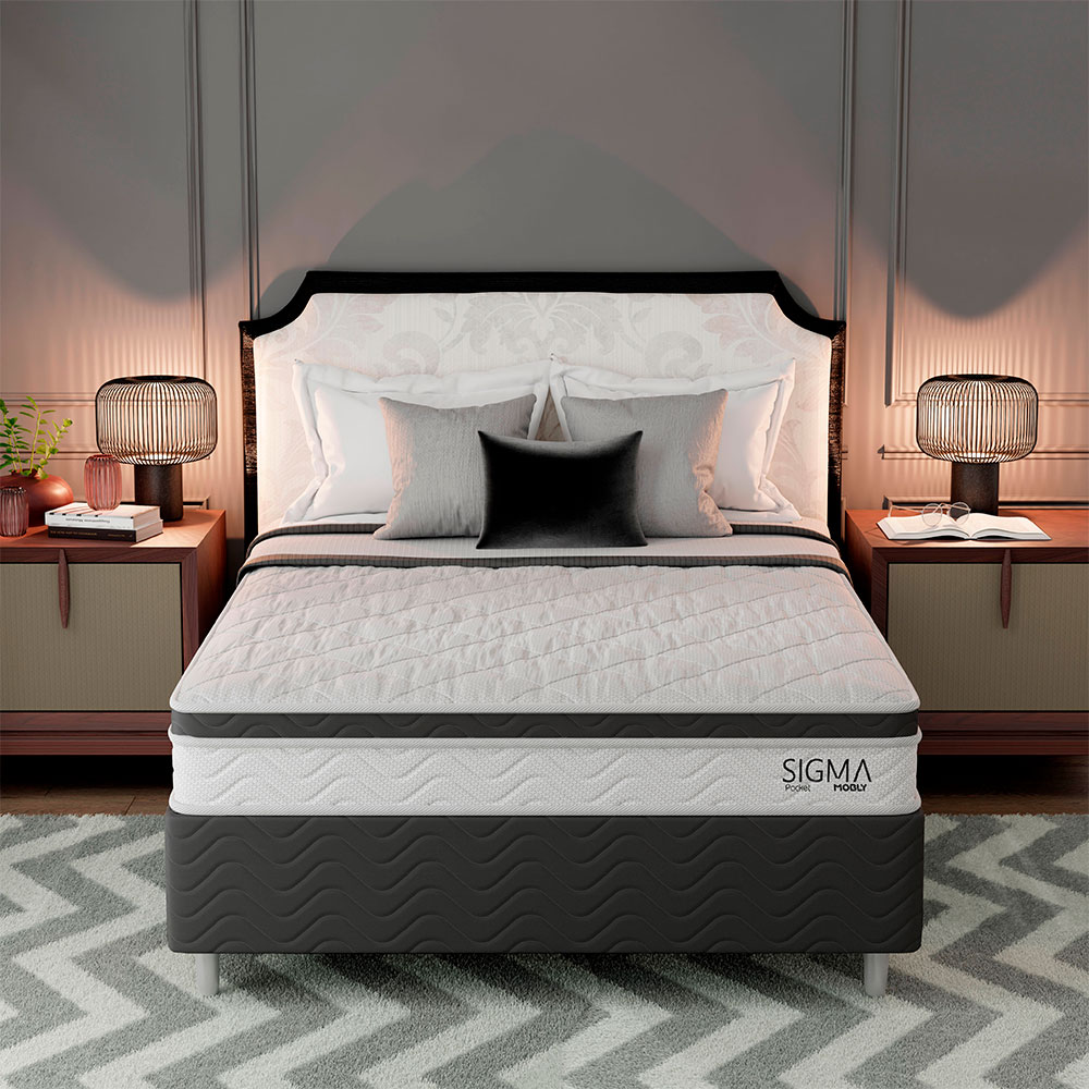 Cama Box com Colchão Casal Sigma Molas Ensacadas (22x138x188) Branco e Cinza