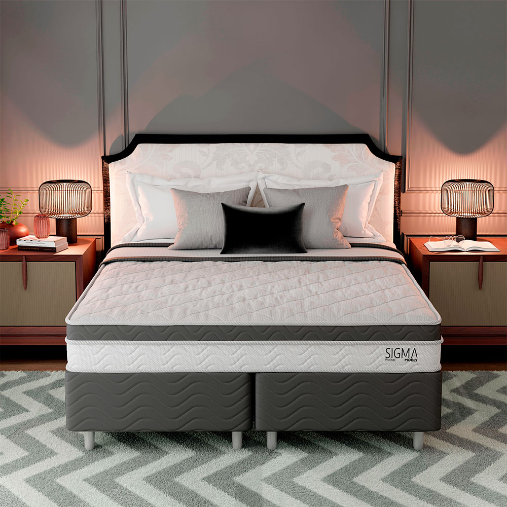 Cama Box com Colchão Queen Sigma Molas Ensacadas (22x158x198) Branco e Cinza