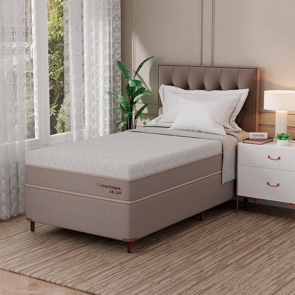 Cama Box com Colchão Solteirão Soft Gold Molas Ensacadas (28x96x203) Bege