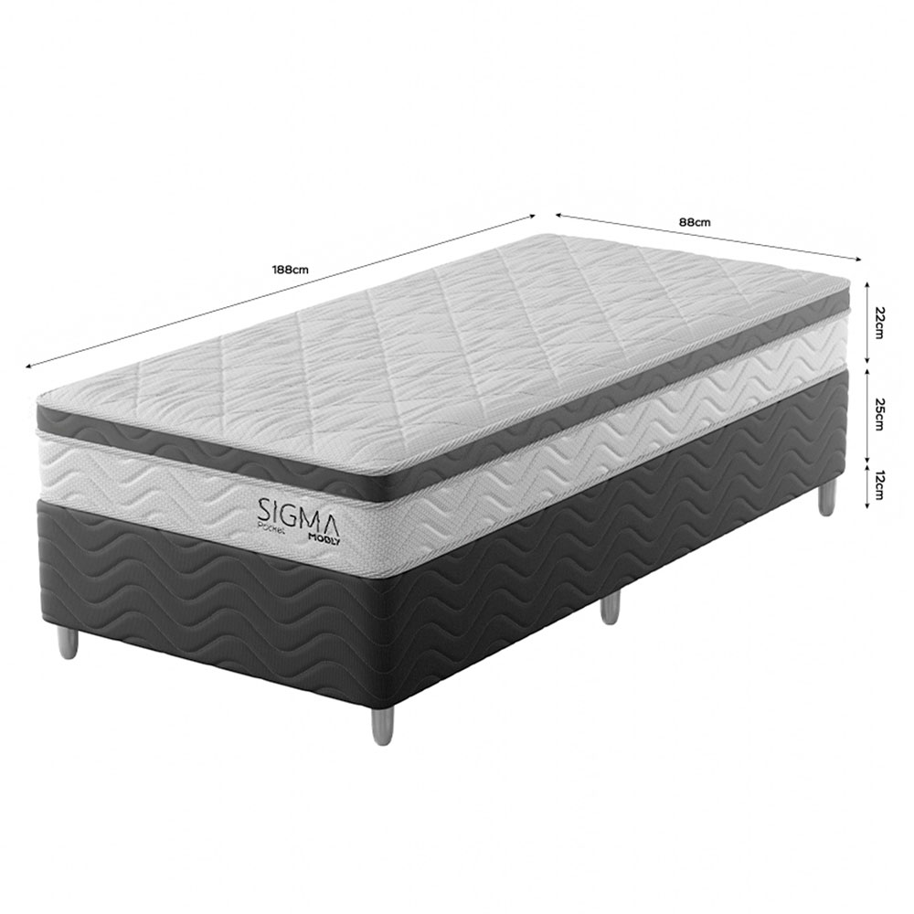 Cama Box com Colchão Solteiro Sigma Molas Ensacadas (22x88x188) Branco e Cinza